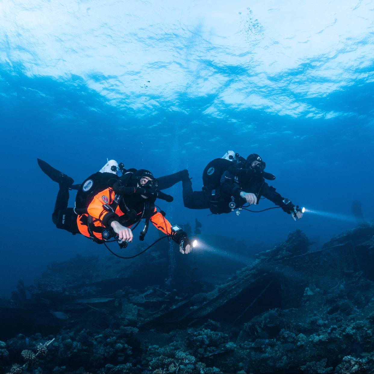 Imad Farhat GUE CCR rebreather divers over wreck Red Sea Egypt