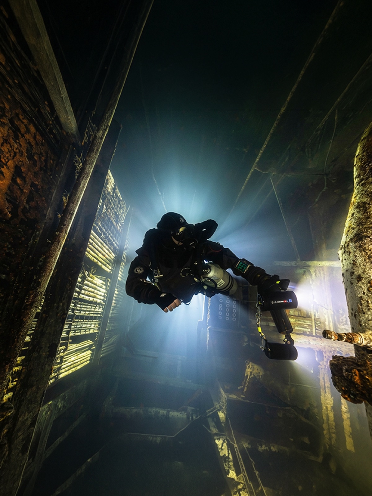 Imad Farhat CCR rebreather diver inside Zenobia wreck Cyprus interior