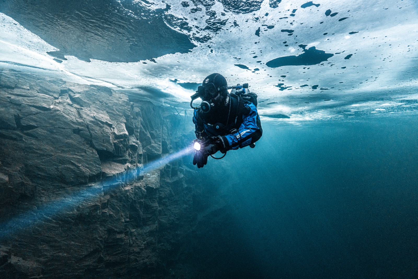 Imad Farhat GUE diver under ice ceiling Canada cold water diving