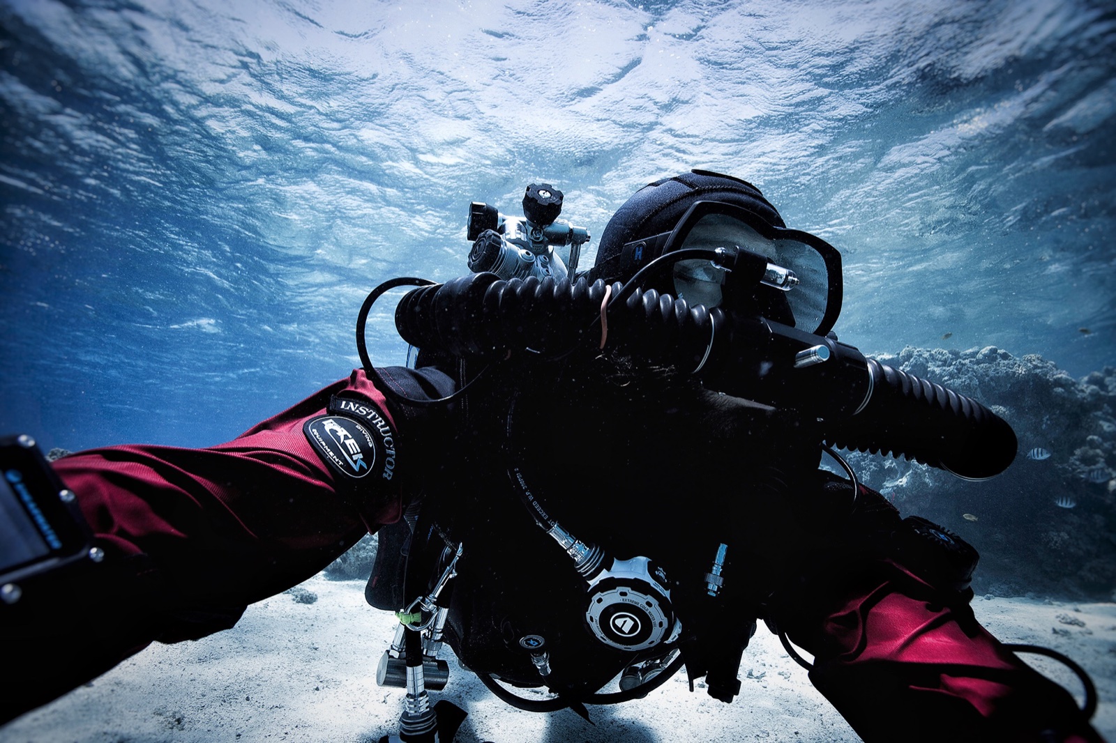 Imad Farhat JJ-CCR rebreather underwater selfie in red drysuit Mediterranean